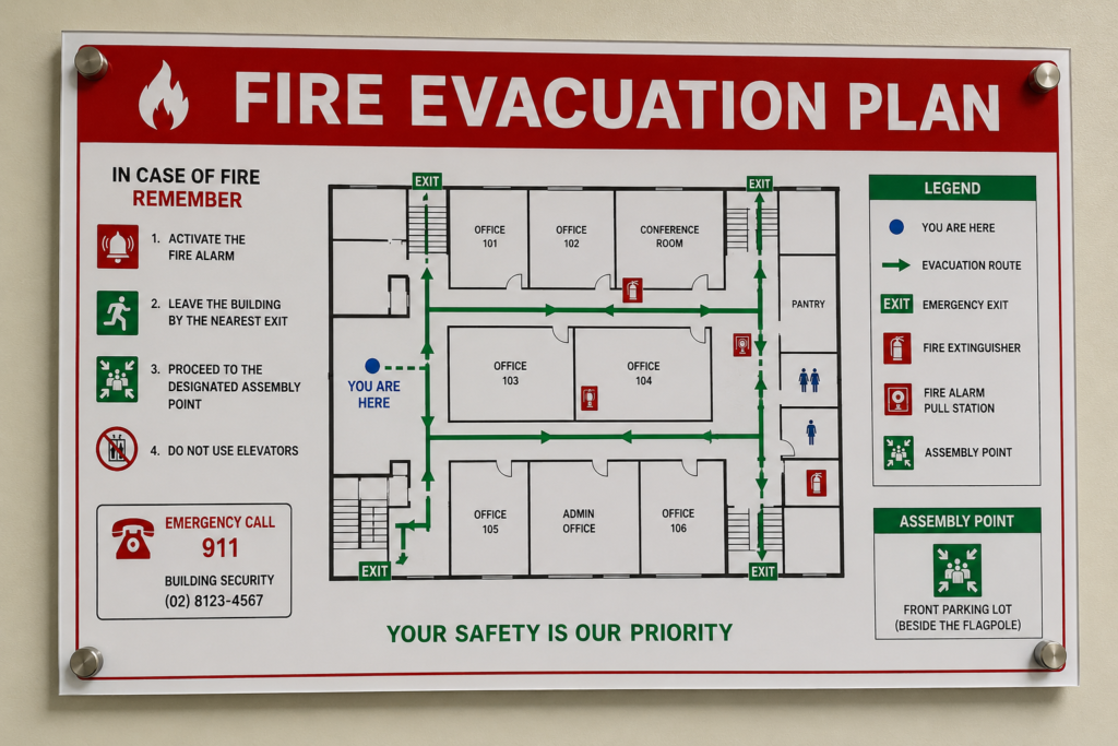 Fire evacuation plan posted on a wall