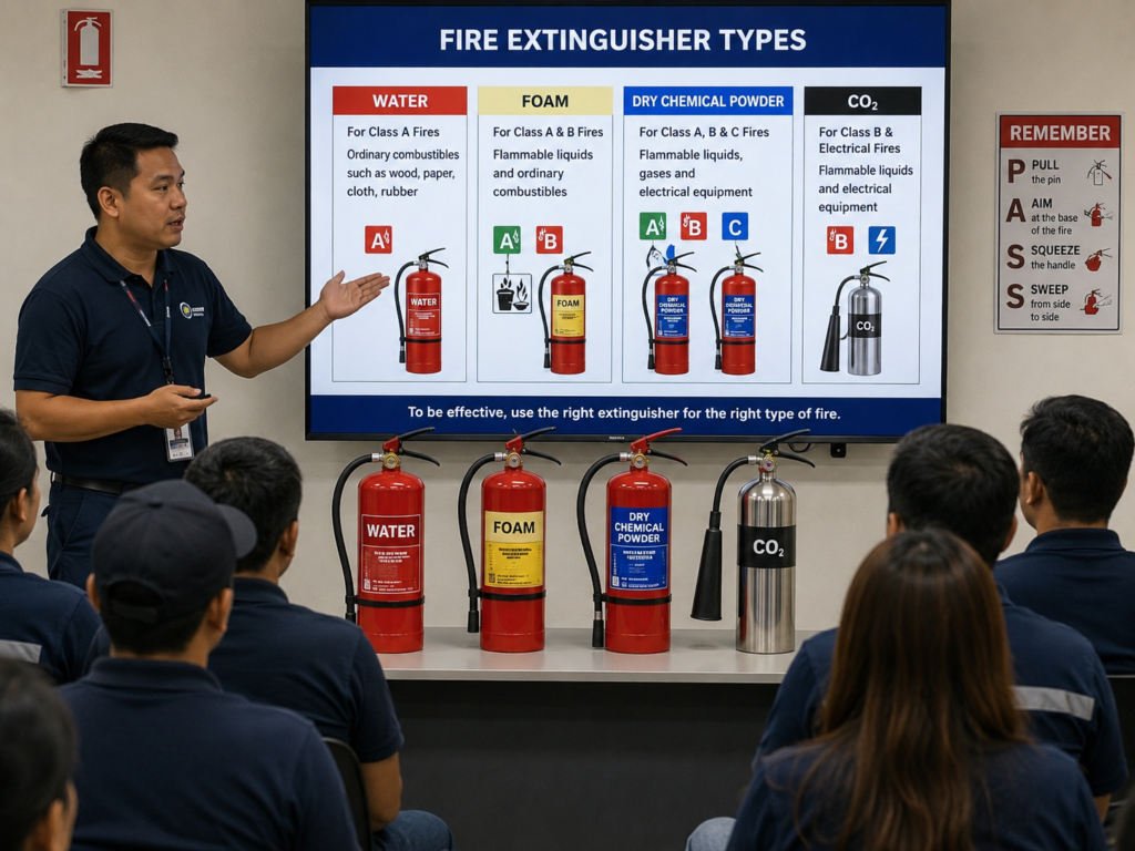 Trainer explaining fire extinguisher types to employees