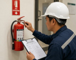 Technician inspecting a fire extinguisher