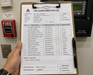 Fire alarm inspection log on a clipboard