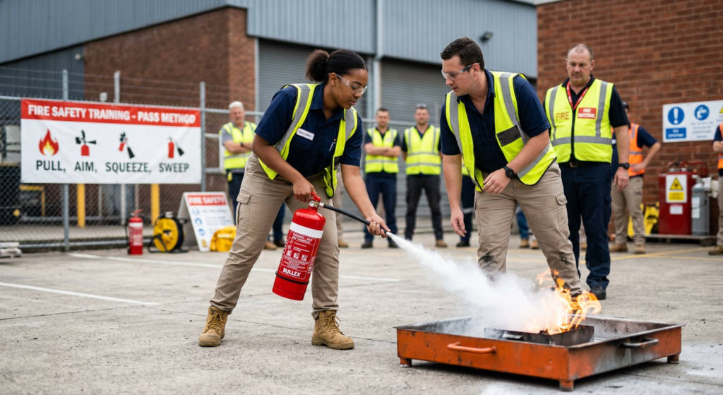 Employee practicing the PASS technique on a training extinguisher