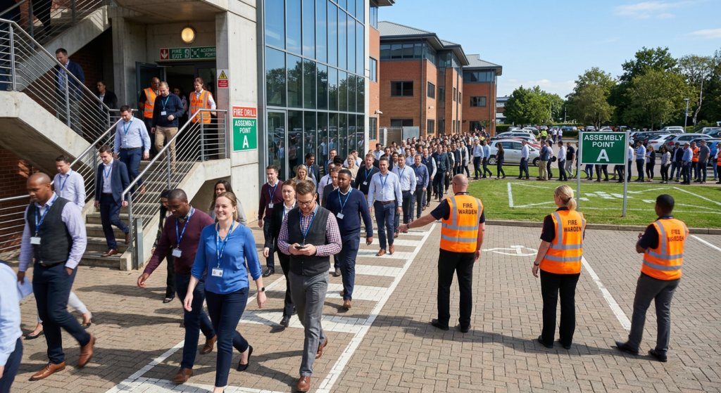 Employees participating in a fire drill