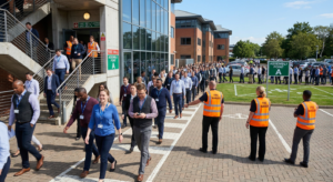 Employees participating in a fire drill