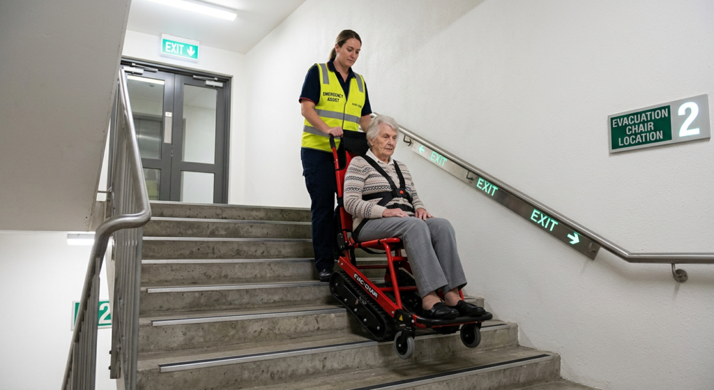 Evacuation chair in a stairwell for assisting individuals with mobility impairments