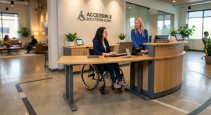 Adjustable-height reception desk with clear space for wheelchair access