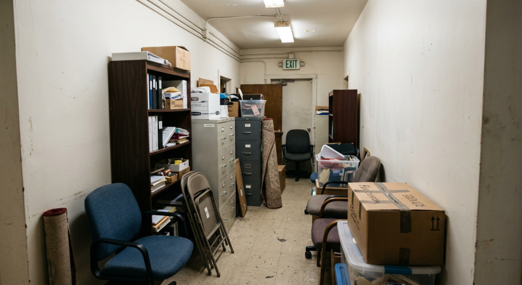 Blocked exit corridor with furniture and storage