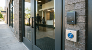 Card reader and push button on a commercial door