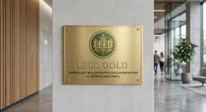 LEED Gold certification plaque on a commercial building wall