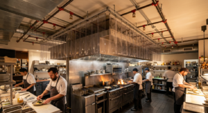 Commercial kitchen with draft curtain and sprinklers