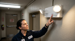 Emergency light fixture being tested with the test button