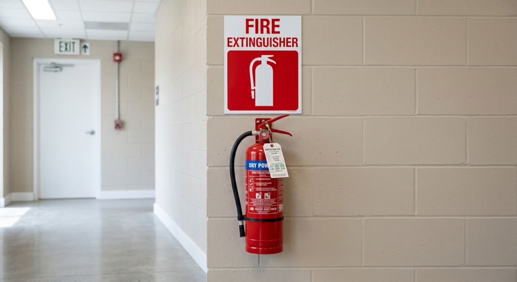 Fire extinguisher mounted at correct height with clear signage