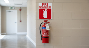 Fire extinguisher mounted at correct height with clear signage