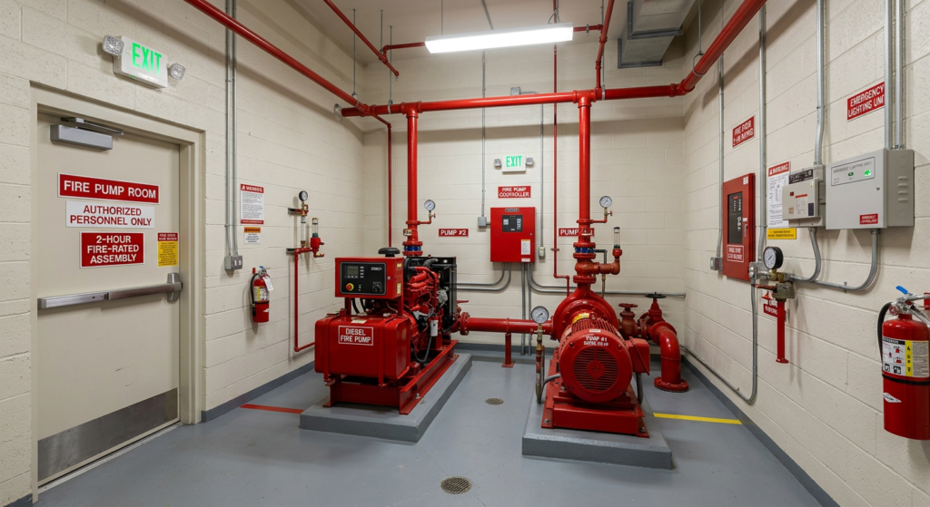 Fire pump room with 2-hour fire-rated walls and emergency lighting
