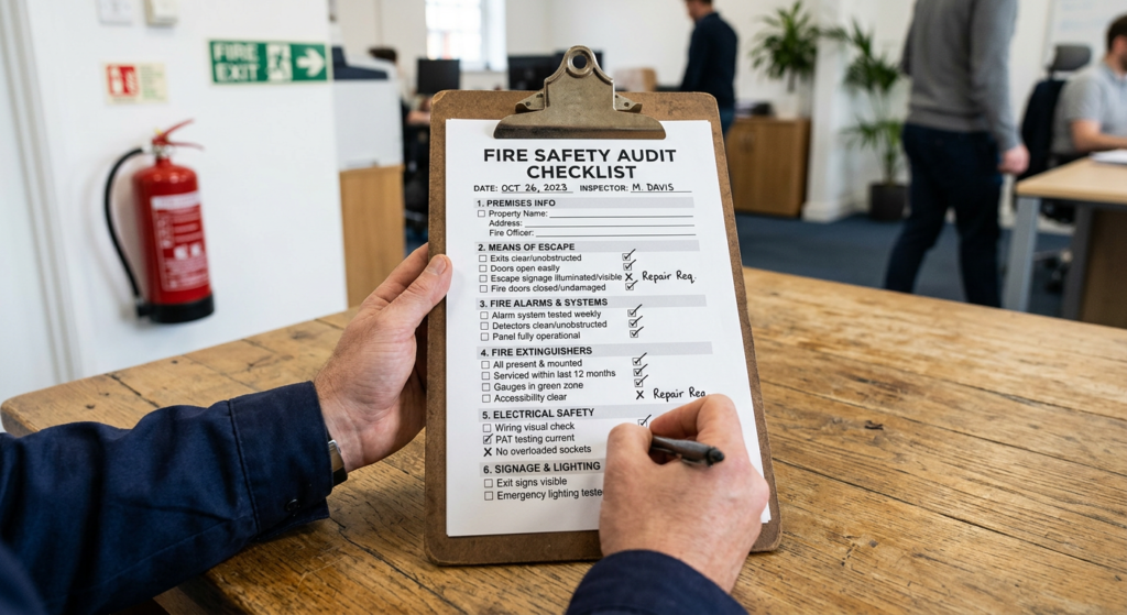 Fire safety audit checklist on a clipboard