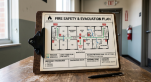 Fire safety plan document on a clipboard with a building floor plan.