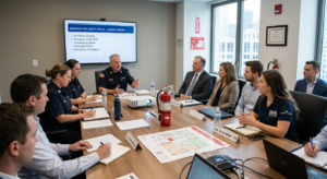 Fire safety team meeting with building management and fire department
