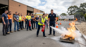 Fire safety training with employees practicing fire extinguisher use