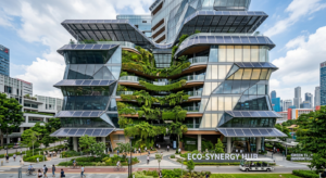 Futuristic commercial building with smart glass, green walls, and integrated solar panels