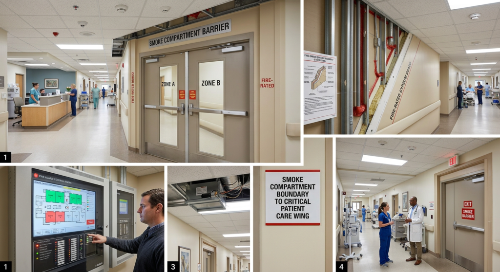 Healthcare facility with smoke compartments