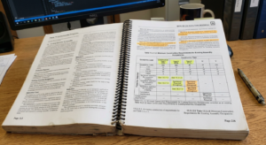 NFPA 101 code book open to a table with highlighted sections