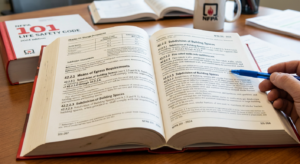 NFPA 101 code book open to the subdivision section
