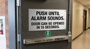 Sign stating "PUSH UNTIL ALARM SOUNDS"