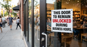 Sign stating "THIS DOOR TO REMAIN UNLOCKED DURING BUSINESS HOURS"