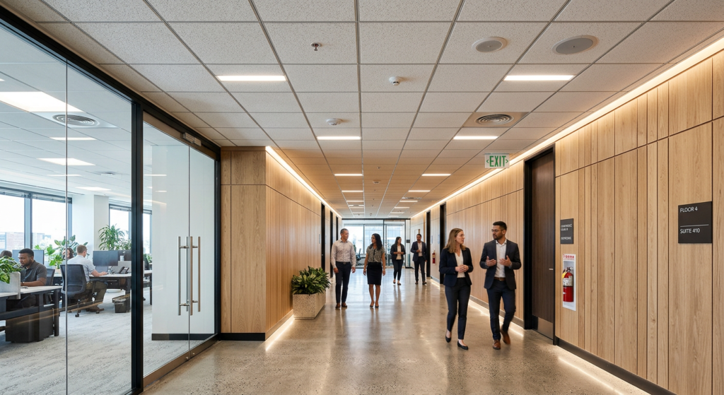 Wall paneling and ceiling tiles in a commercial building