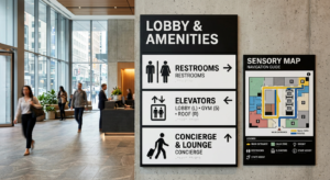 Clear, high-contrast signage with pictograms in a commercial lobby