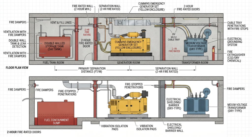 Diagram showing separation distances between generator, fuel tank, and transformer