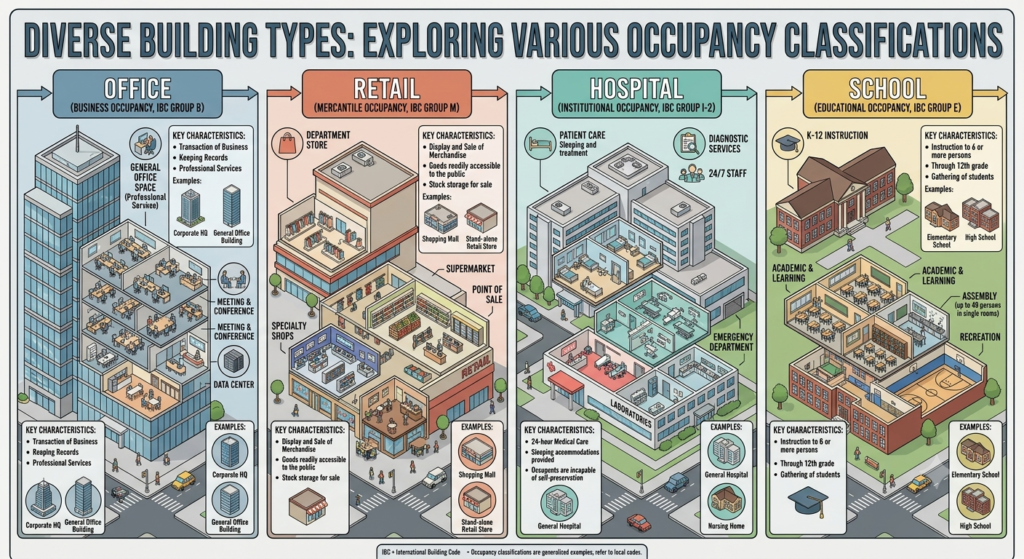 Collage of different building types representing various NFPA 101 occupancies