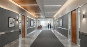 Commercial corridor with wall and ceiling finishes