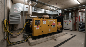 Generator room with ventilation and fire protection