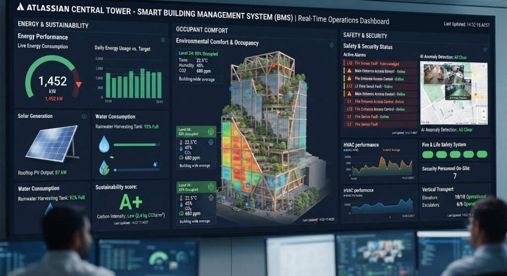 Building management dashboard showing real-time data on energy, comfort, and safety