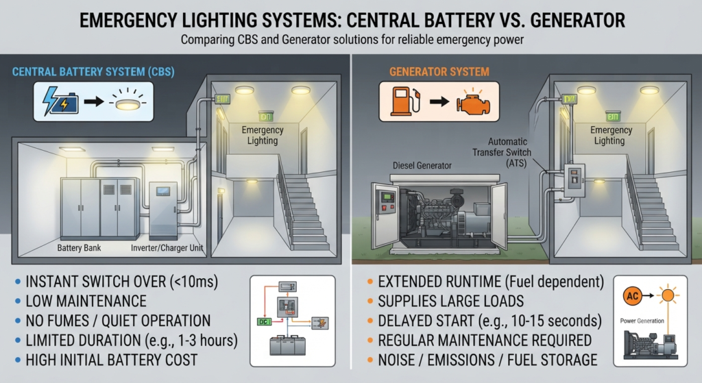 Central battery system or generator for emergency lighting