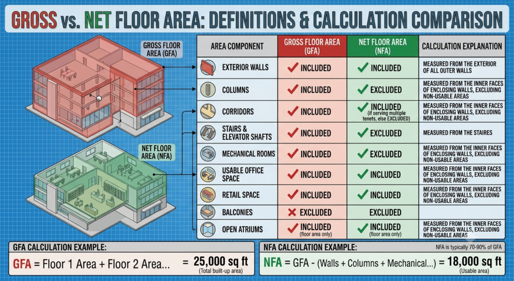 Diagram showing gross vs. net floor area in a commercial building
