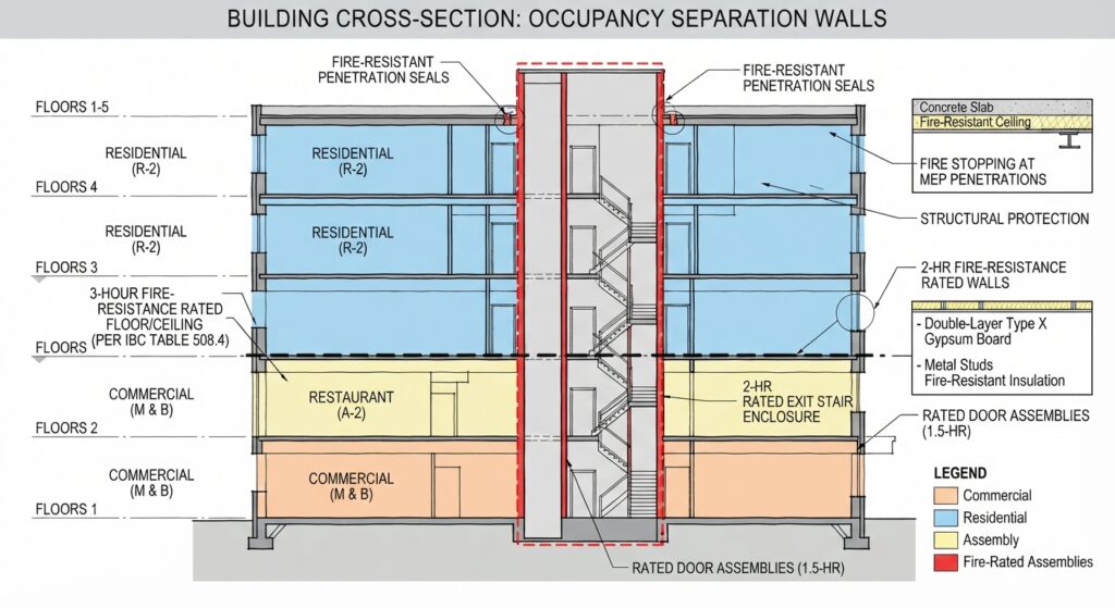 Building cross-section showing occupancy separation walls