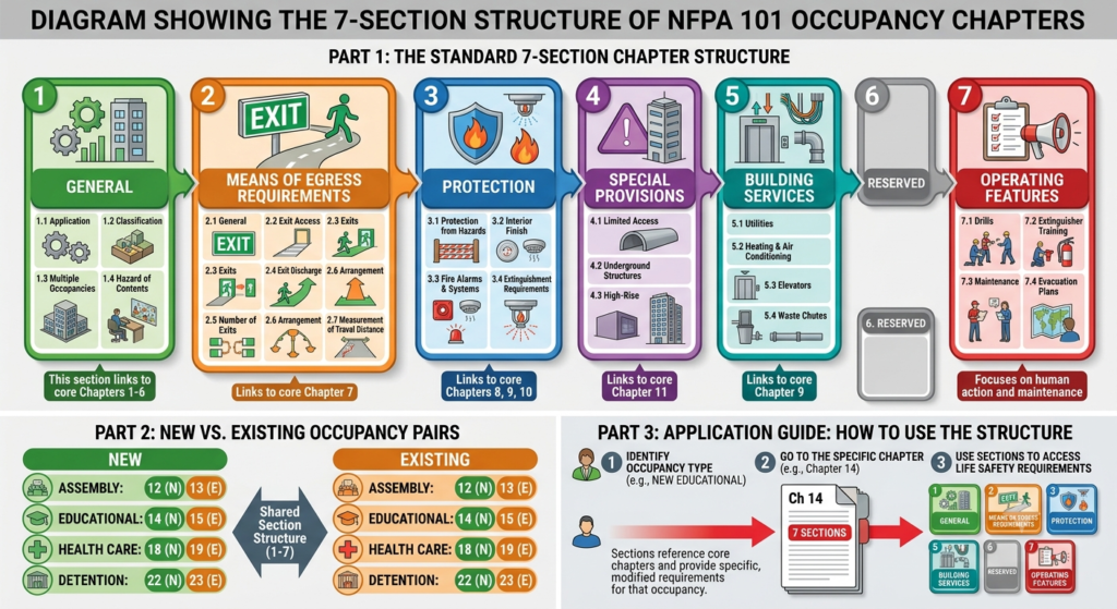 Diagram showing the 7-section structure of NFPA 101 occupancy chapters