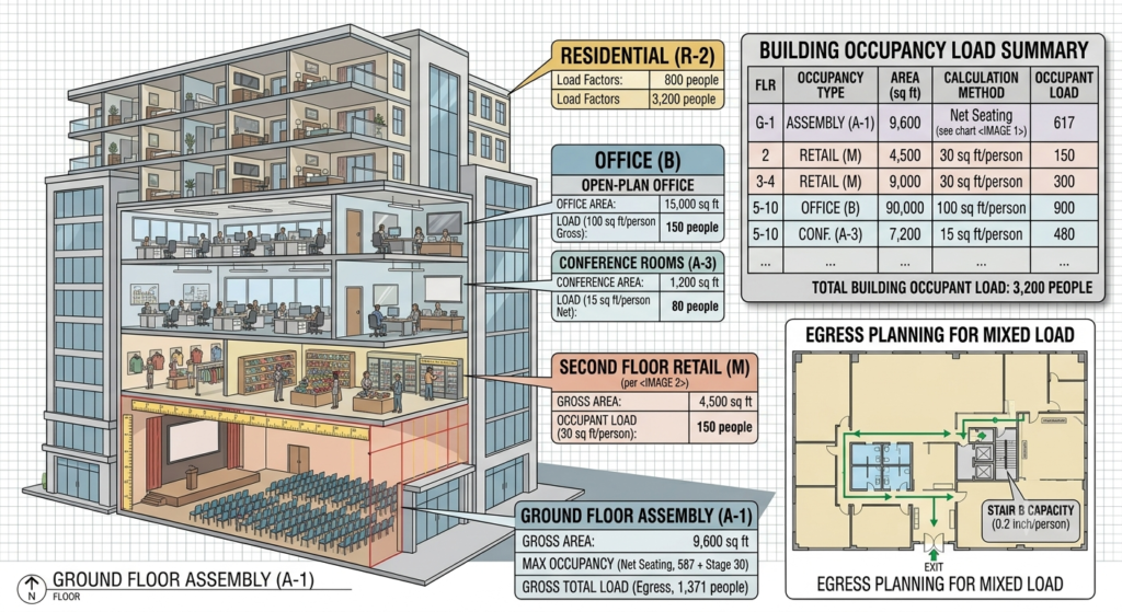 Mixed-use commercial building with different occupancy types