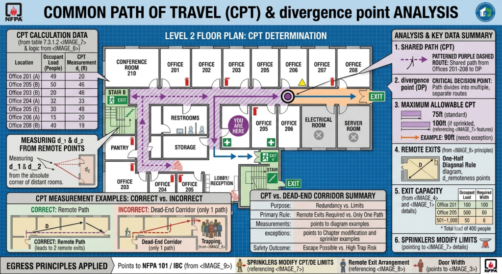 Floor plan showing common path of travel to a divergence point