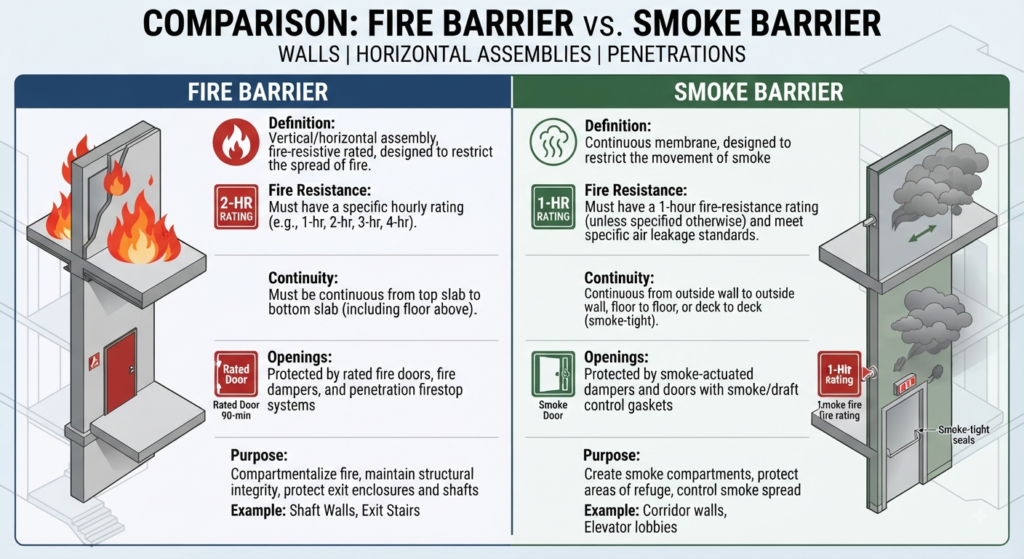 Diagram comparing fire barrier and smoke barrier