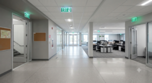 Commercial building interior with clear exit paths and signage