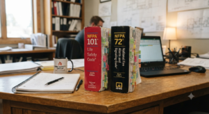NFPA 101 and NFPA 72 code books on a desk
