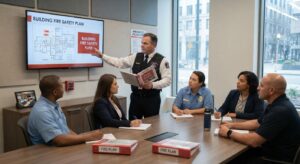 Fire Safety Director conducting a safety briefing with building staff