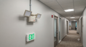 Emergency light fixture on a commercial building wall