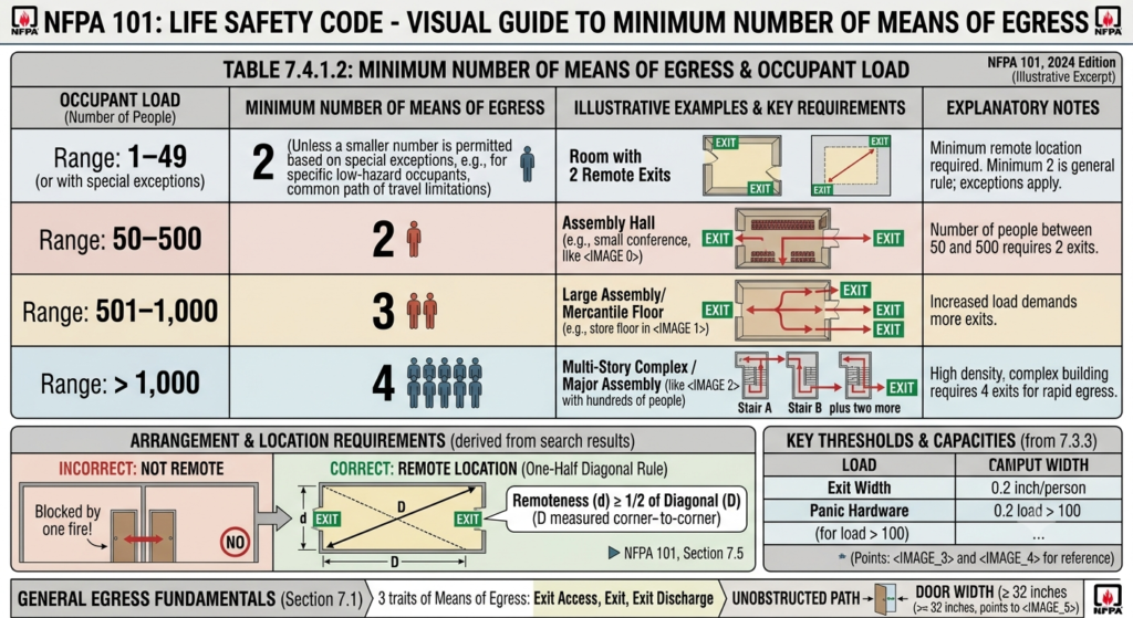 NFPA 101 Table 7.4 showing the number of means of egress
