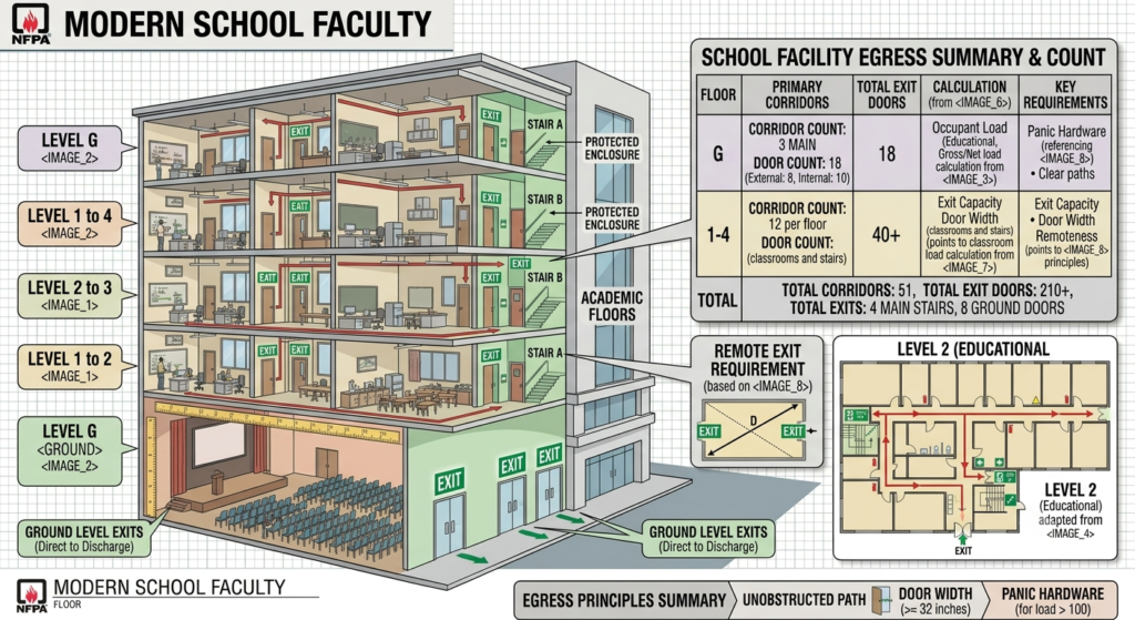 School building with multiple exit doors and corridors