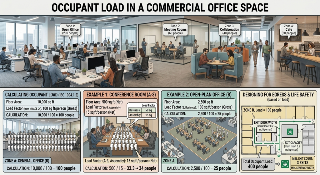 People in a commercial office space illustrating occupant load