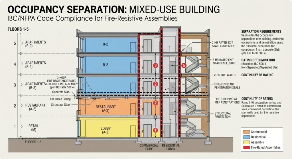 Diagram showing occupancy separation in a mixed-use building