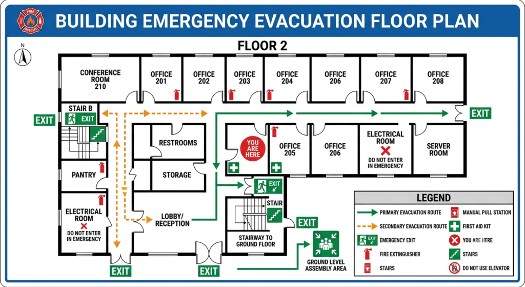 Building evacuation floor plan with exits marked in red